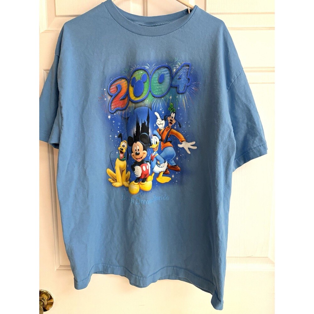 Disney 2004 Mickey Mouse Donald Duck Goofy Pluto Blue Graphic T-Shirt XL